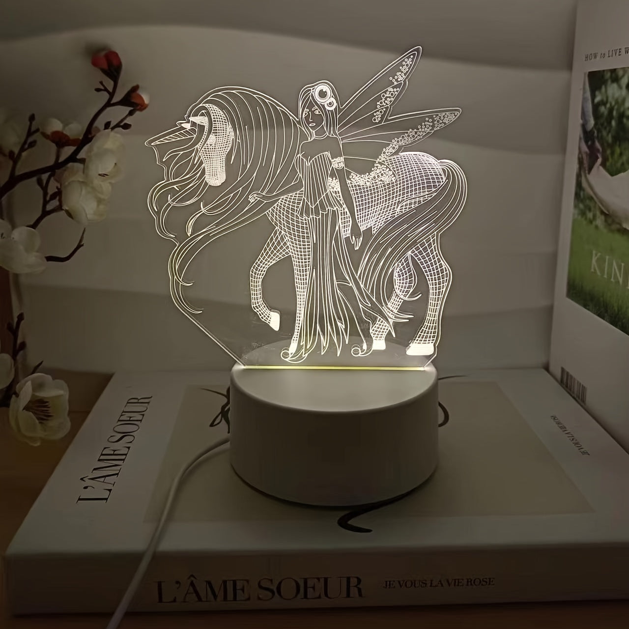 Art Deco style LED night light featuring a 3D Pegasus and Fairy design with 16 color options, USB powered with touch and remote control, ideal for girls' bedrooms as a birthday gift.