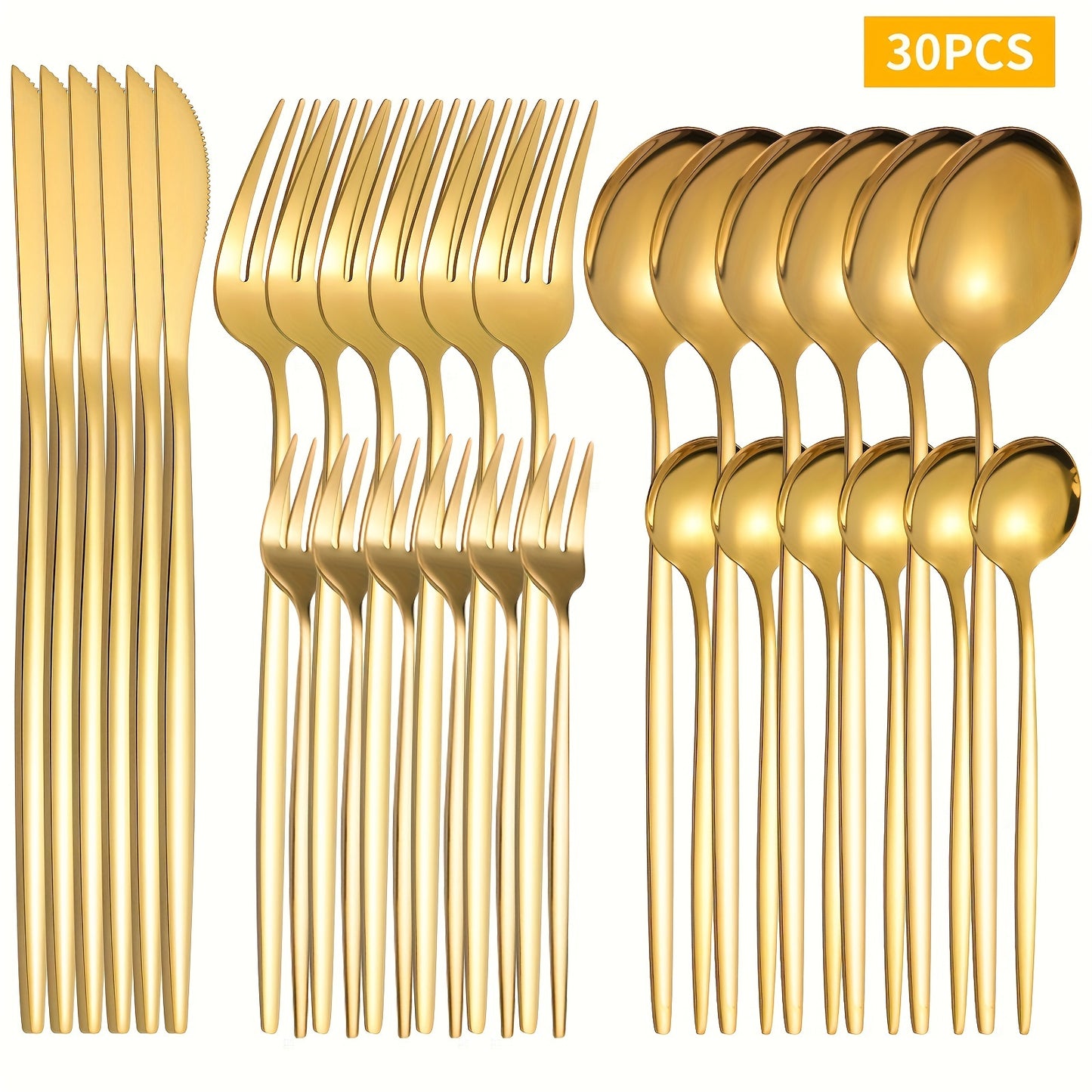 30-piece stainless steel cutlery set, including fork, knife, and spoon. Durable, dishwasher safe, and mirror polished.