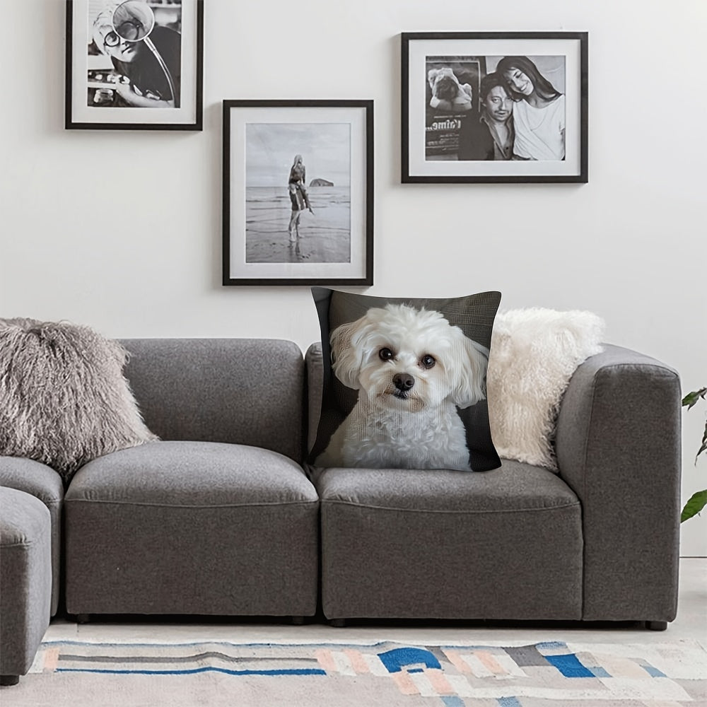 White dog sofa pillow cover with a chic design, made of soft short plush material. Features a double-sided design with zipper closure, ideal for Valentine's and Christmas decor. Insert not included.