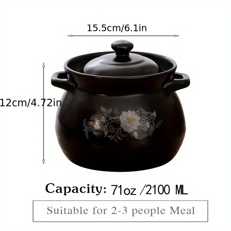 Black ceramic pot with dual handles, holding up to 71oz - suitable for high and low temperatures. Designed for 2-3 people, perfect for home kitchens.