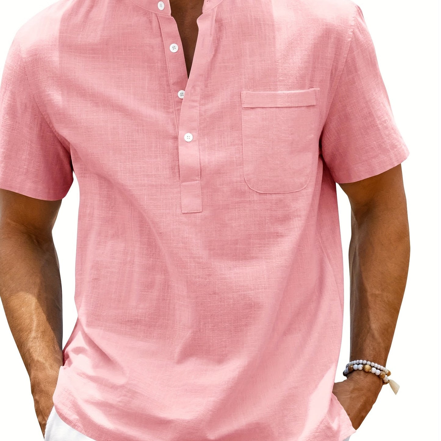 Men's loose fit cotton short sleeve shirt with stand collar and pocket, perfect for summer beach vacation.