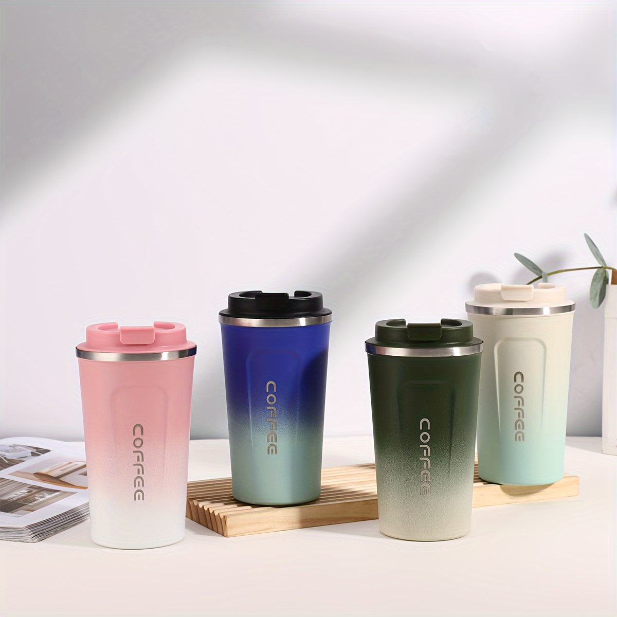 Gradient color travel mug made of 304 stainless steel, holds 380ml/13.37oz, vacuum insulated, portable drinkware, great gift.