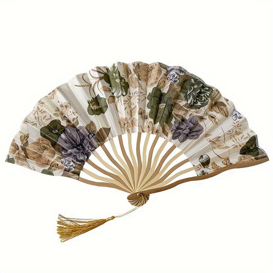 Vintage Floral Hand-held Folding Fan with Tassel - Chinese Traditional Hand Fan - Perfect Gift for Church Weddings - Retro Home Decor Accent