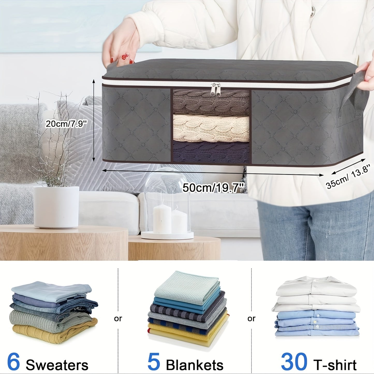 6 large 90L storage bags with handles and zippers - ideal for organizing clothes, blankets, and comforters in your closet.