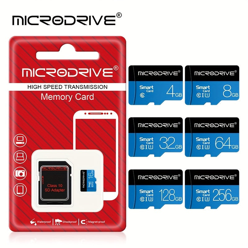 Microdrive Blue Class 10 TF Memory Card is available in 32GB, 64GB, 128GB, and 256GB with U3 support, includes an SD adapter for smartphones and DVRs.