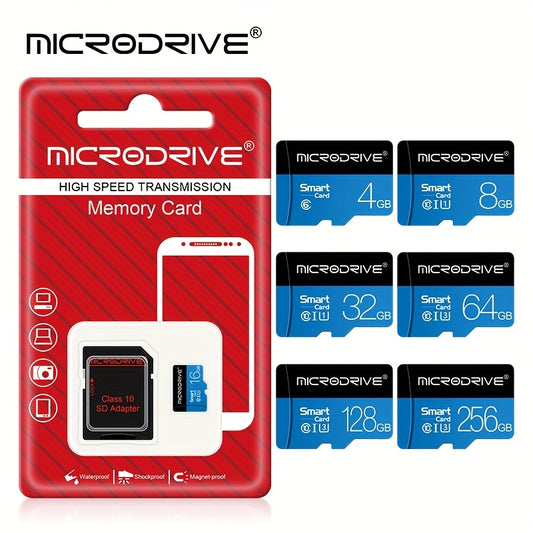 Карта памяти Microdrive Blue Class 10 TF доступна в объемах 32 ГБ, 64 ГБ, 128 ГБ и 256 ГБ с поддержкой U3, включает адаптер SD для смартфонов и DVR.