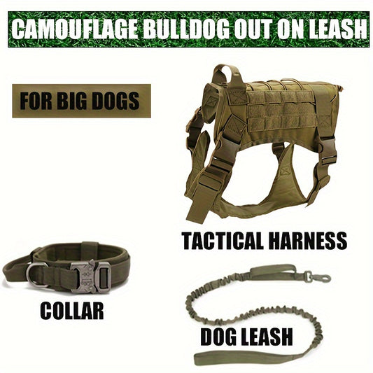 Adjustable nylon tactical dog harness with leash for large dogs in olive green camo pattern. Features multiple pockets and buckles, includes tactical collar and leash for outdoor adventures.