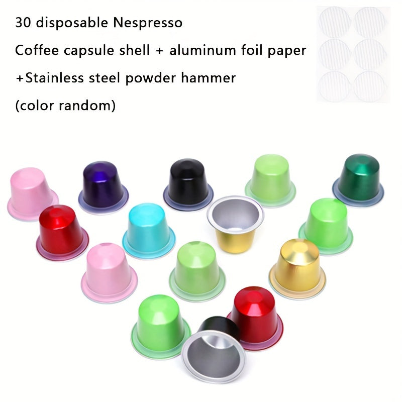 30 out of 100 disposable coffee capsules, each filled with espresso, sealed with a rubber ring and sealing sticker, reusable with aluminum film and cups.