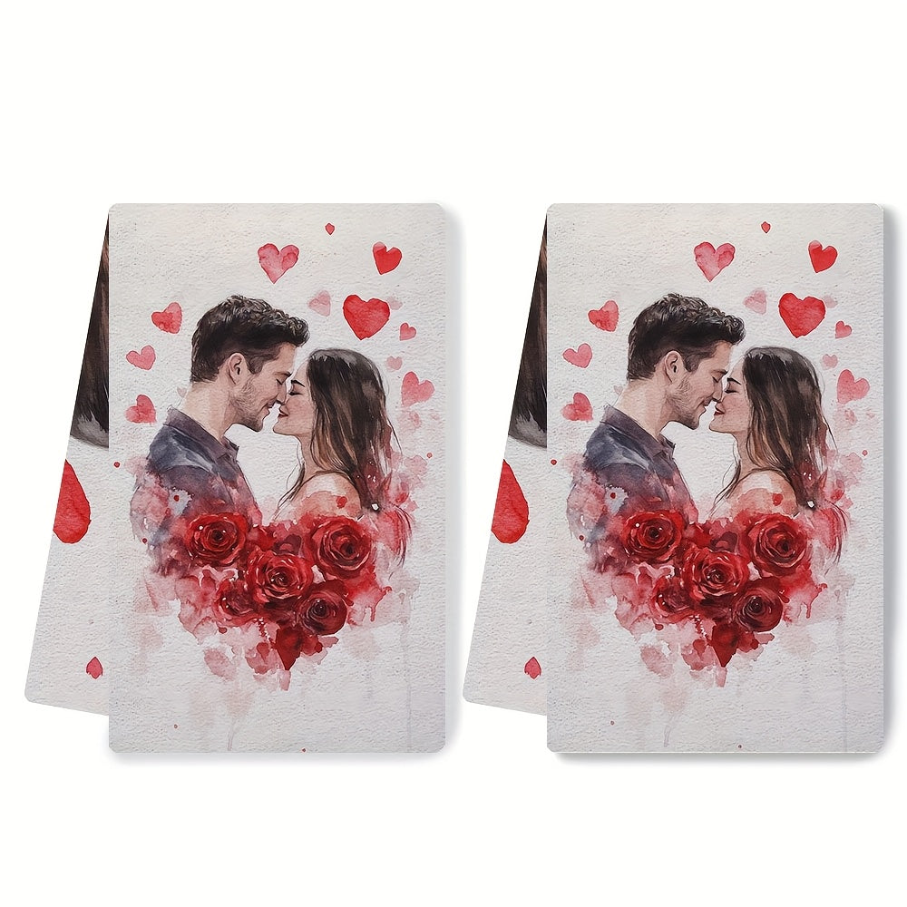 Two Romantic Valentine's Day Kitchen Towels - These ultra soft and highly absorbent polyester dish hand towels measure 40.64x60.96 cm. They feature an embracing couple and red roses design, perfect for holiday decor. These machine washable dish towels