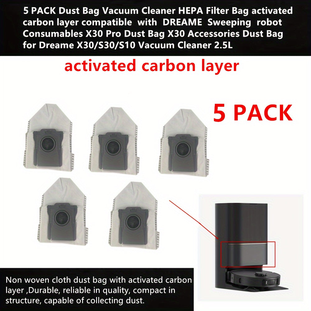 5 pieces of Dust Bag Vacuum Cleaner HEPA Filter Bags with an activated carbon layer, designed to be compatible with the DREAME Sweeping robot Consumables X30 Pro. These Dust Bags are also suitable for use with the Dreame X30/S30/S10 Vacuum Cleaner