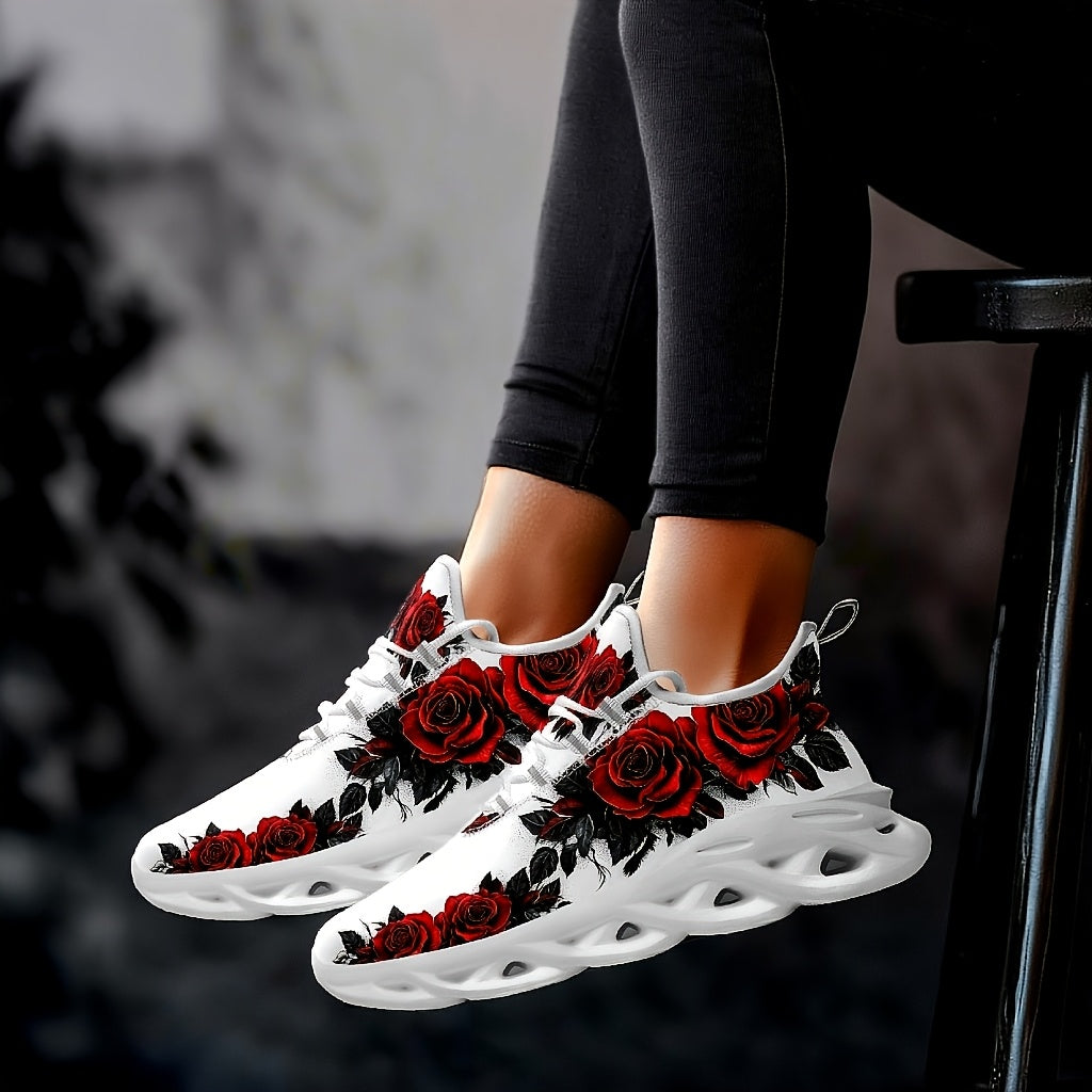 Plus size black rose sneakers with lightweight, cushioned support, breathable fabric lining, and stylish red rose design. Comfortable for all seasons.