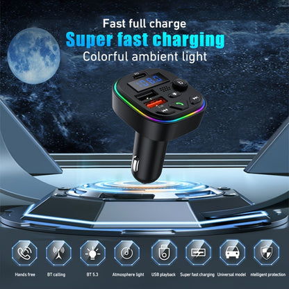 Car charger with FM transmitter and PD 30W, Type C & dual USB ports for fast charging, wireless MP3 player, hands-free calls, AUX, high fidelity audio, and car plug operating voltage ≤36V.