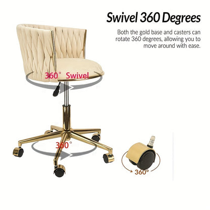 Golden Velvet Swivel Vanity Chair with Woven Backrest - Adjustable Height, 360° Rotation, 5-Wheel Base for Smooth Rolling, Cream Upholstery, Ideal for Home Office, Dressing Table, Salon