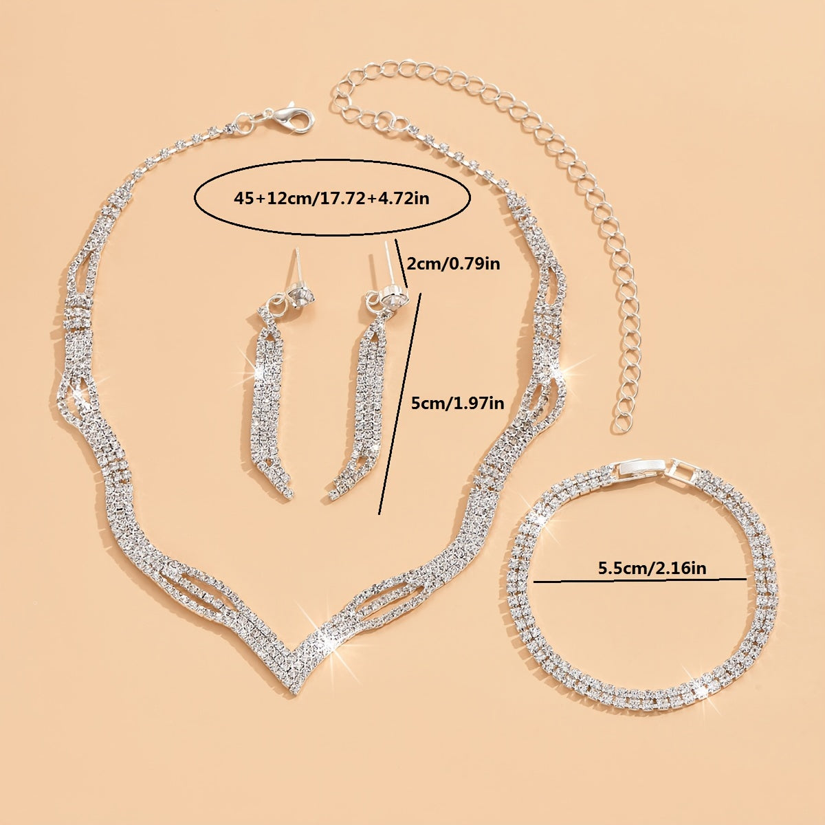 Stylish Women's Rhinestone Jewelry Set with Wide Face Earrings, Necklace, and Bracelet - Perfect for Bridal, Wedding, Banquet, Holiday and Party Gifts - Inspired by European and American Trends