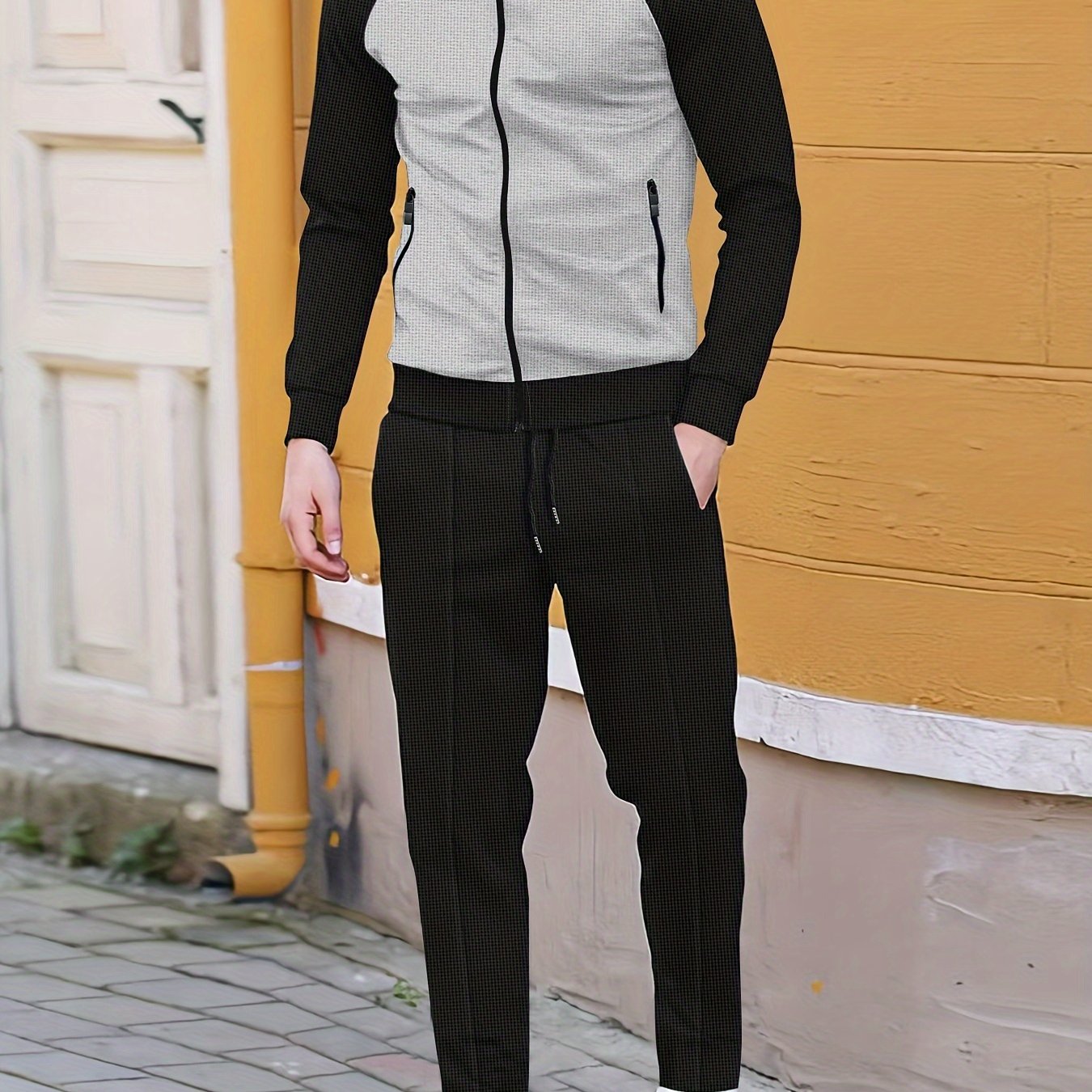 Men's Zip-Up Jacket and Joggers Set, ideal for Spring/Fall, made from a polyester blend, with a sporty color block design.