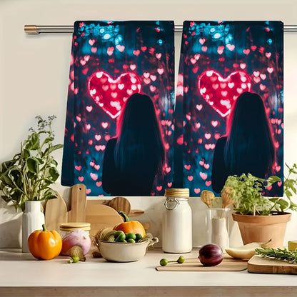 This bundle includes a set of two ultra-soft kitchen towels, ideal for enhancing your holiday decor with their concert wave heart lights design. These towels are highly absorbent, easy to clean in the washing machine, and measure 40.64x60.96 cm.