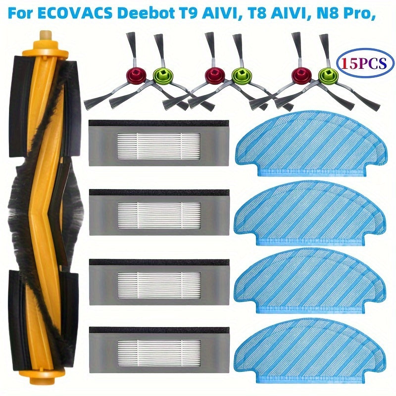 Replacement parts for the ECOVACS DEEBOT OZMO 920/950/t8/t8 AIVI/T8 Max/n7/n8+/n8 Pro/N8 Pro Plus/T9+/N10 PLUS/Yeedi Vac Vac Max Vac Station. Includes 1 main brush, 4 filters, 4 mop pads, and 6 side brushes. These plastic floor attachment vacuum