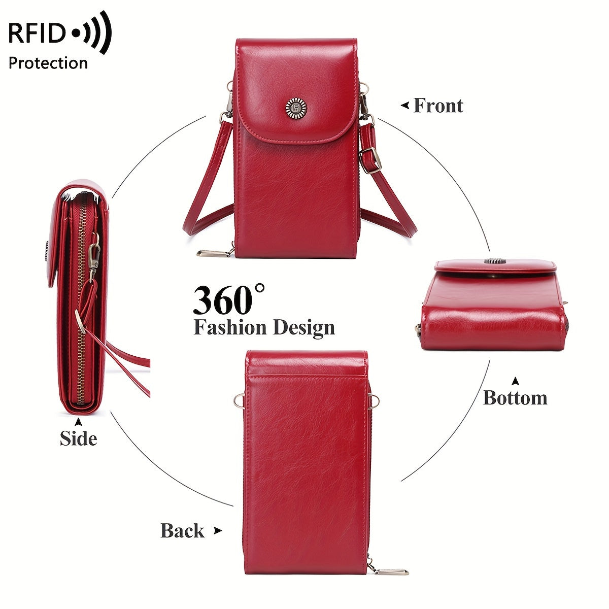 CHARM INFINITE RFID Blocking Crossbody Phone Wallet in Vintage Red with adjustable strap, multi-pocket organizer, waterproof & anti-theft design for everyday use.