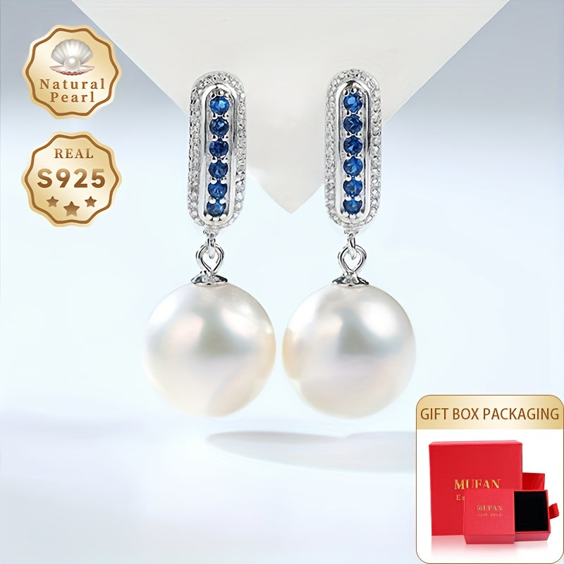 Yueying Gift Box: A must-have pair of 11-12mm large grain, strong light, micro-flawless round natural freshwater pearl dangle earrings for women's fashion. Made with S925 silver, these earrings come in a beautiful gift box. Please note that due to the