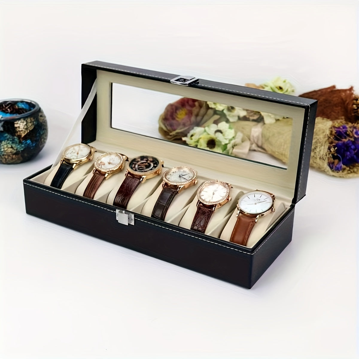 New faux leather watch storage box with velvet interior, designed to hold 6 watches and display jewelry.