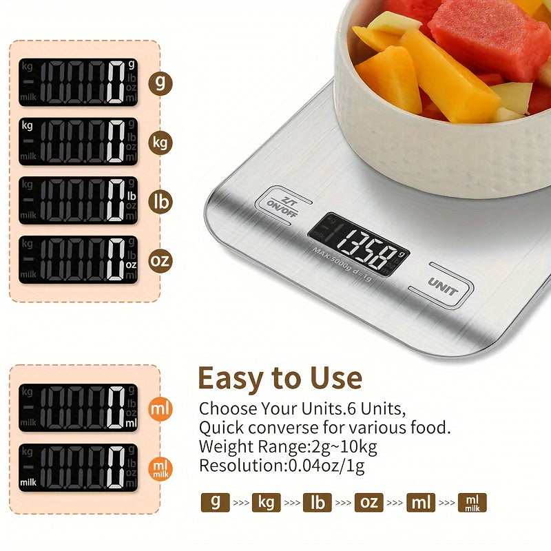 Digital Kitchen Scale, Stainless Steel Food Scale with LCD Display, Portable Electronic Weighing Tool. Battery Operated, Made of ABS Material. Non-Food Contact. Includes 2 AAA Batteries (Not Included). Ideal for Coffee, Baking, and Cooking Measurement.