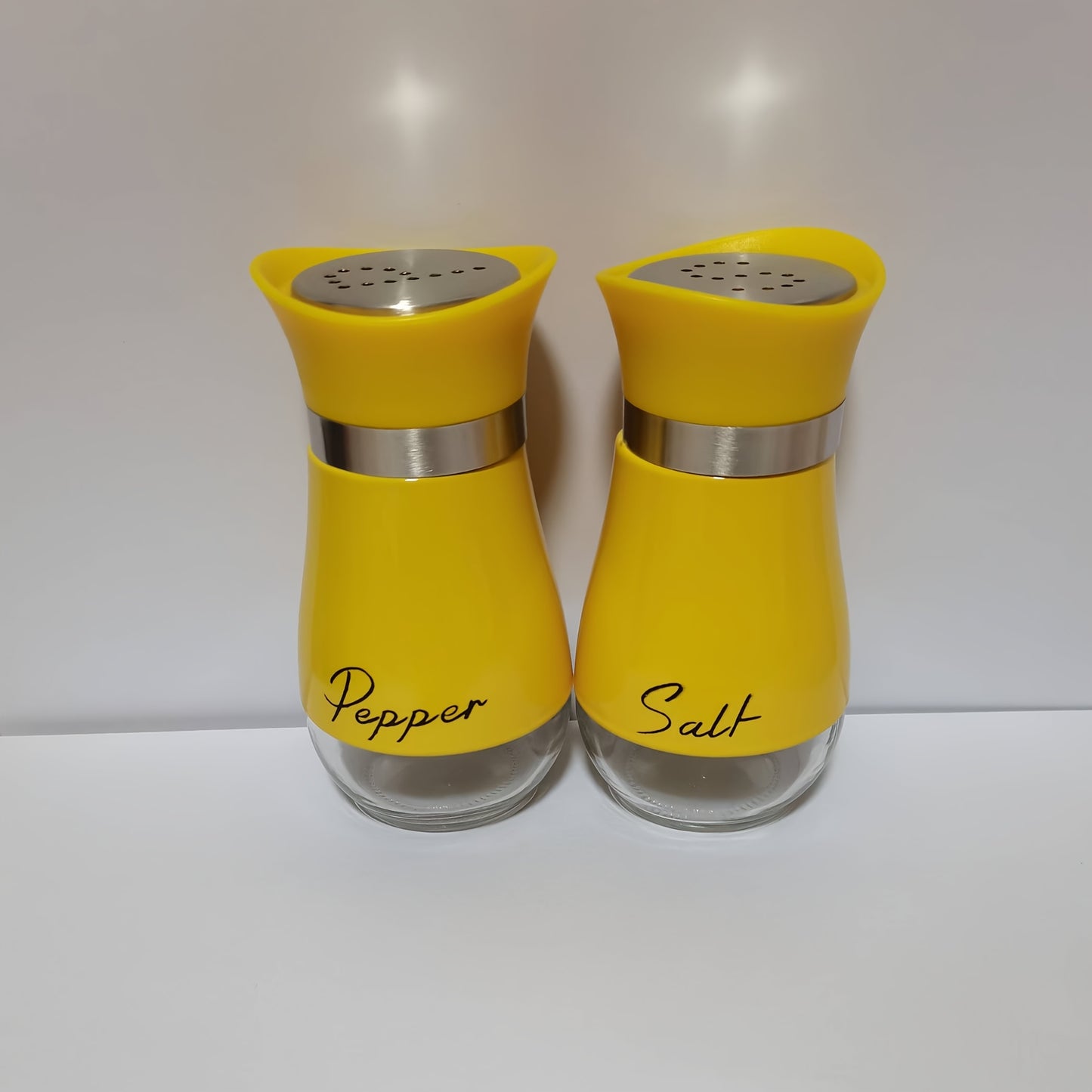 4 oz glass bottom salt and pepper shaker set with stainless steel lids for kitchen, RVs, camping, and barbecues.