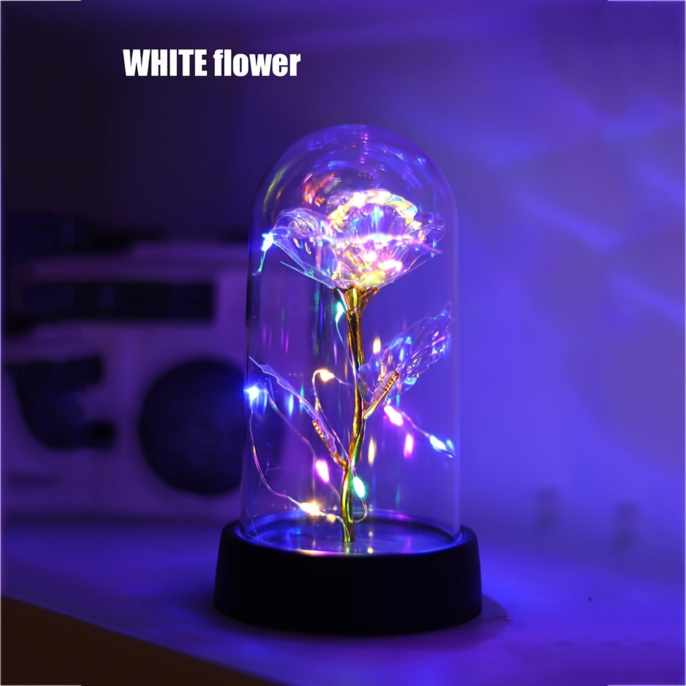 LED-lit Golden Foil Rose in Glass Dome - Battery-Powered Night Light with Pink or Yellow Flowers, great for gifting on special occasions like Valentine's Day, Mother's Day, weddings, and anniversaries. Ideal present for sisters, friends, and lovers.