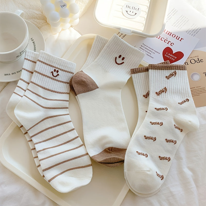 5 pairs of cute smiling print crew sports socks for women, soft and comfy.