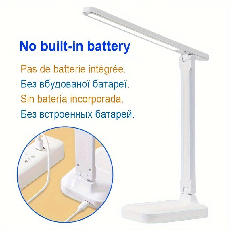 LED desk lamp with touch control, eye-care technology, USB powered, ideal for reading and home office use, single color.