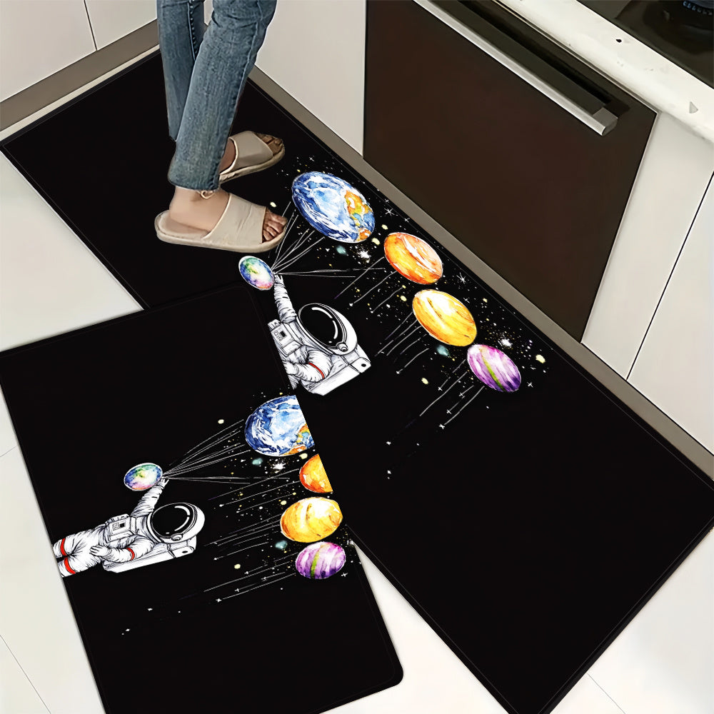 Get your hands on this 1pc Space-Themed Non-Slip Kitchen Mat featuring an Astronaut & Planets design. Made of waterproof, oil-resistant, and easy to clean polyester, this floor mat is perfect for the kitchen, bathroom, or entryway. It's ideal for adding