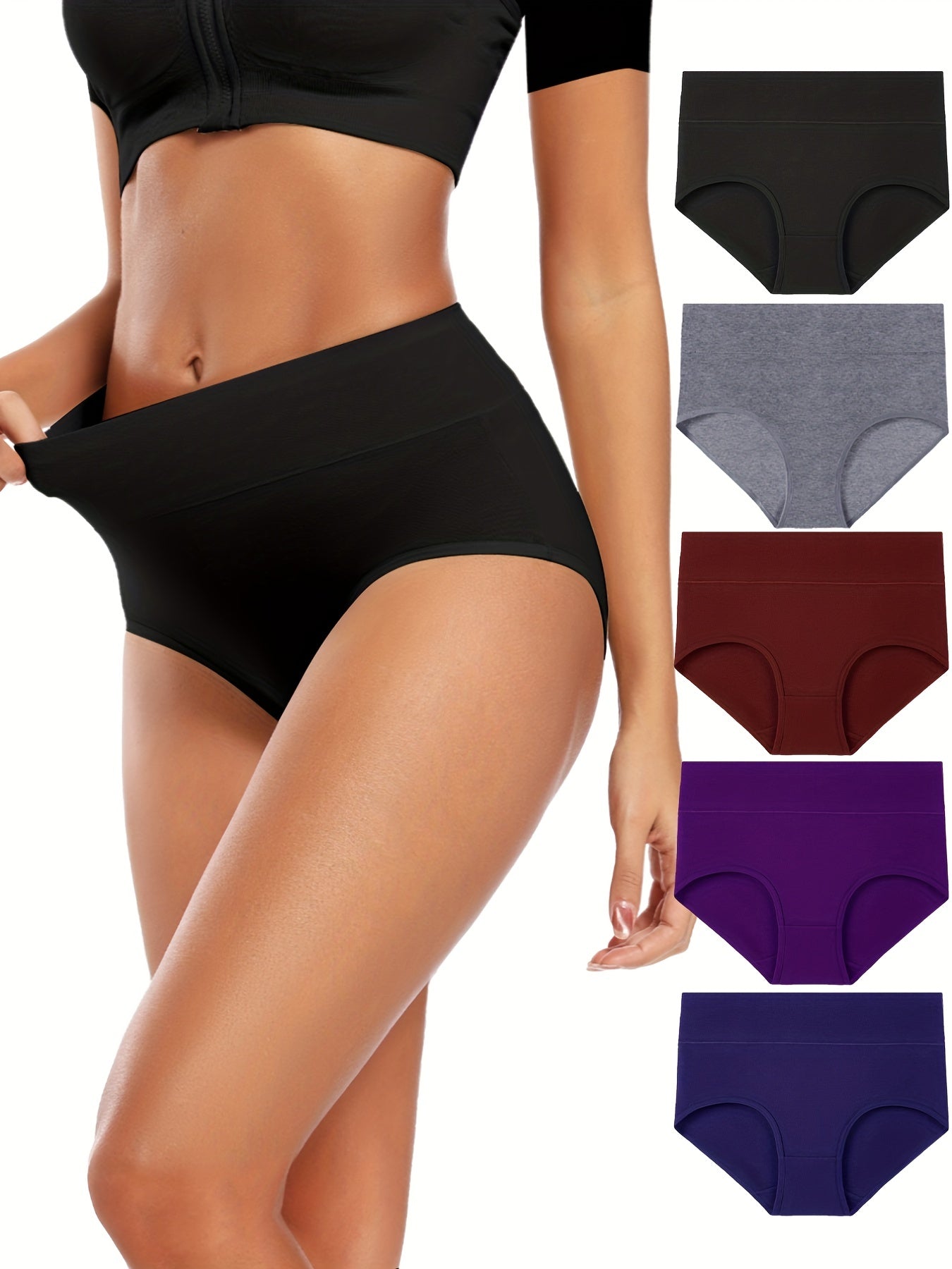 5 Women's High-Waist Briefs in Assorted Colors - Soft blend, stretchy, non-see-through knitted fabric