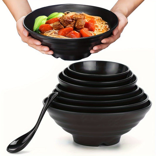 Set of 2 black polypropylene ramen bowls with novelty design, unbreakable, microwave and dishwasher safe. Includes 2 spoons, ideal for soup, snacks, and cereal.