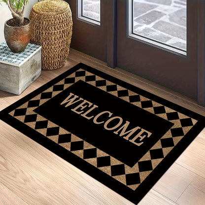 Modern fashion welcome doormat with machine washable, non-slip, and durable features. Made from 100% polyester for soft comfort. Perfect for entryway home decor.