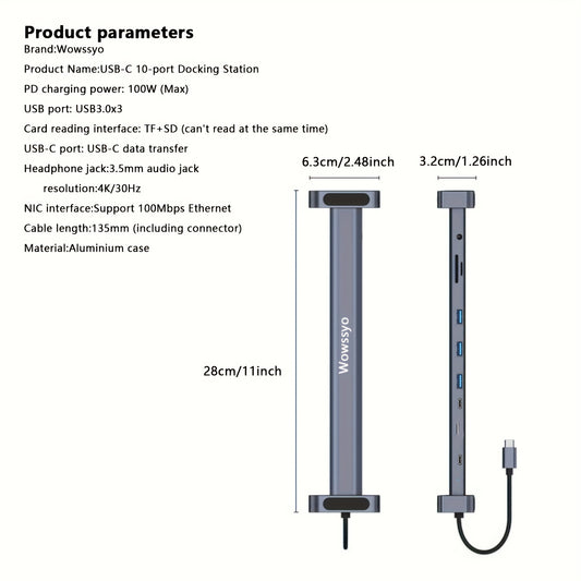 10-в-1 USB-C док-станция для MacBook и Windows: 4K HDTV, 100W PD быстрая зарядка, Ethernet, слоты для SD/TF карт, аудиовыход и USB 3.0