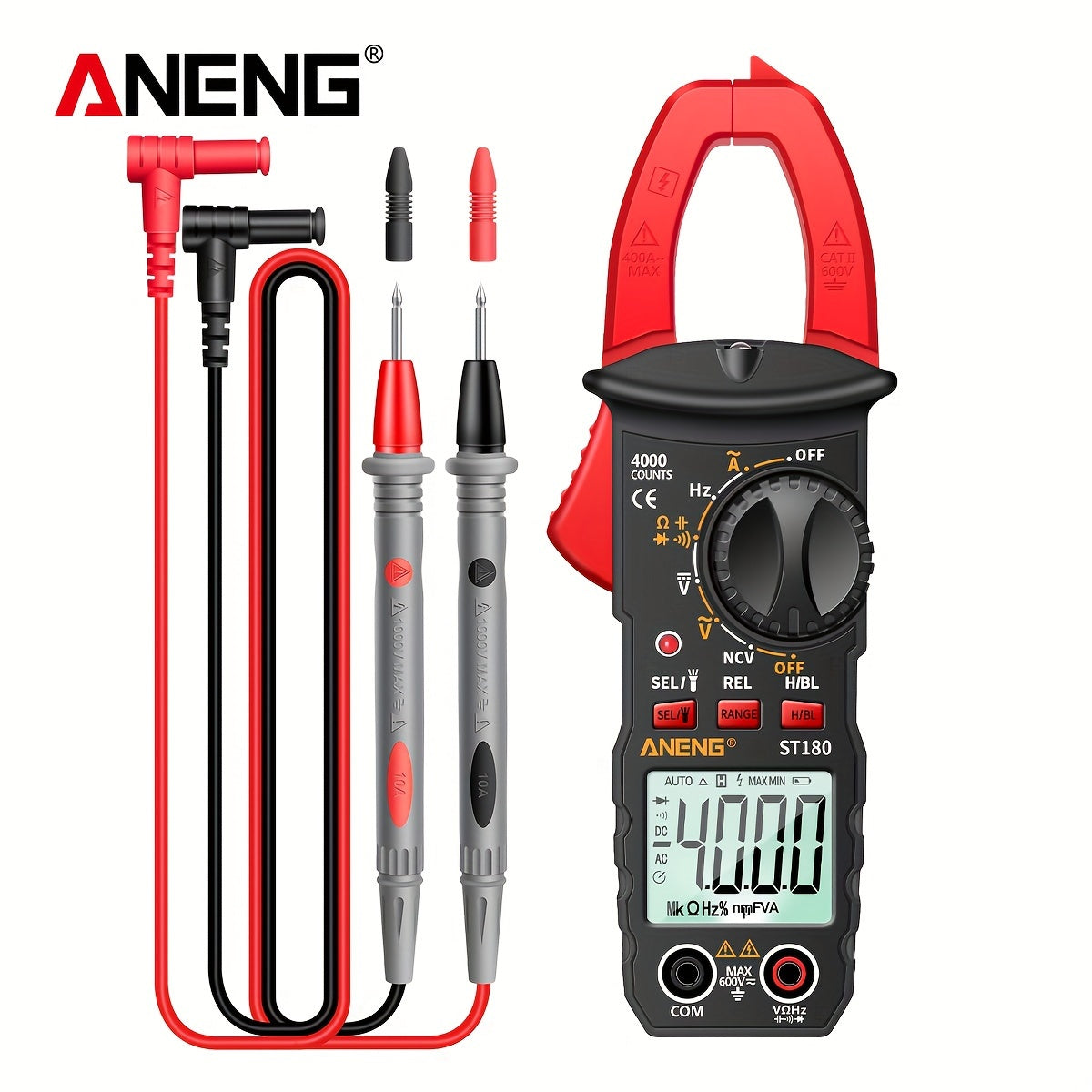 ANENG ST180 is a 4000 count digital clamp meter for measuring AC current, voltage, frequency, capacitance, and resistance, as well as testing car amps and non-contact voltage.