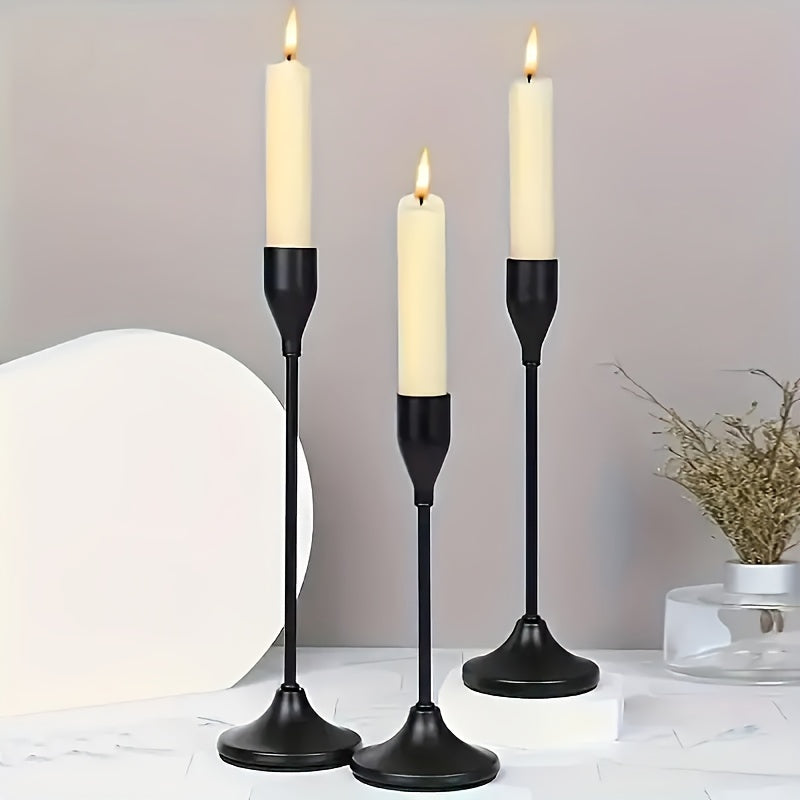 Set of three elegant single-head candle holders for romantic European home décor, perfect for candlelight dinners or weddings. Includes black and gold cone candle holder stands for table centerpieces and room decoration.