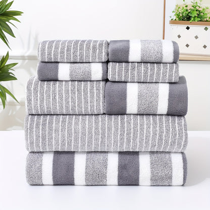 8-piece combination square towel bath set includes 4 square towels (30x30cm), 2 towels (35x75cm), and 2 large bath towels (70x140cm) in various colors and striped design. Highly absorbent, quick drying, and soft towels suitable for bathrooms, showers