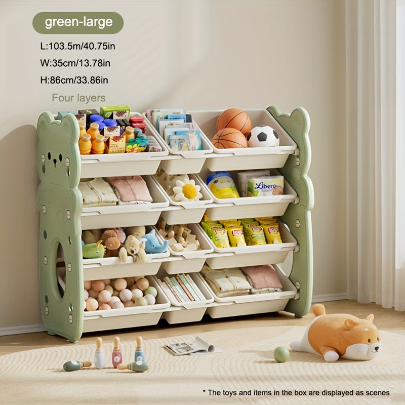 3-tier storage organizer with bins for toys, books, and clothes. Ideal for playroom and bedroom.