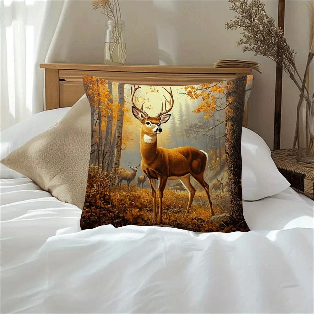 1 piece of stylish autumn elk forest scene cushion cover made of polyester. Features machine washable fabric, zipper closure, and is suitable for all seasons. Perfect for home decor and use by multi-position sleepers. Measures 45.01cm. *Cushion not