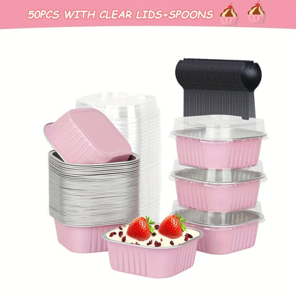 [Top Pick] Pack of 10 or 50 5oz Mini Disposable Cake Pans with Lids and Spoons, Square Aluminum Foil Baking Cups, 3.5x3.5 Small Cake Tins with Lids for Individual Cakes