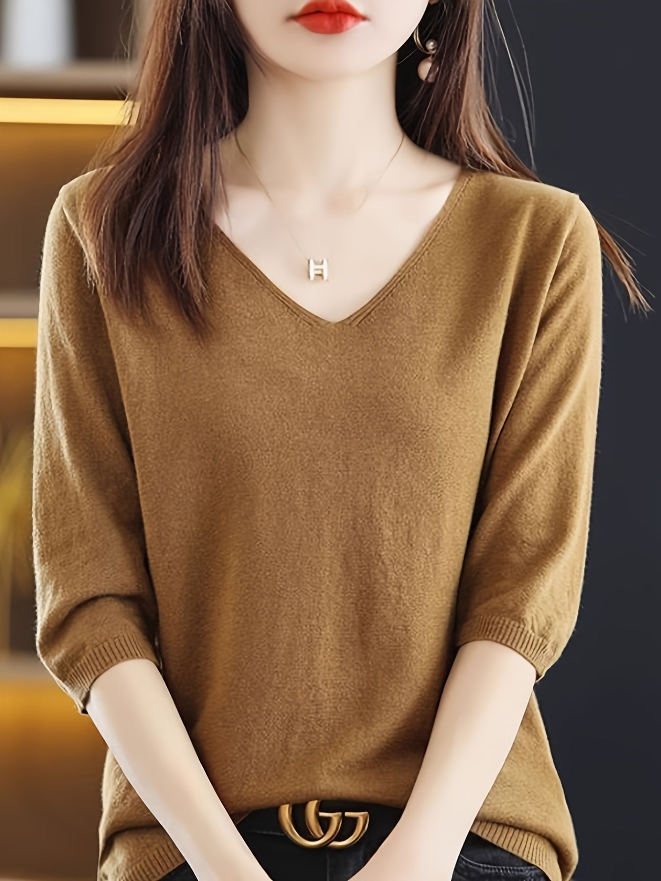 V-neck sweater in solid color, versatile half sleeve knit top for spring/fall, women's clothing.