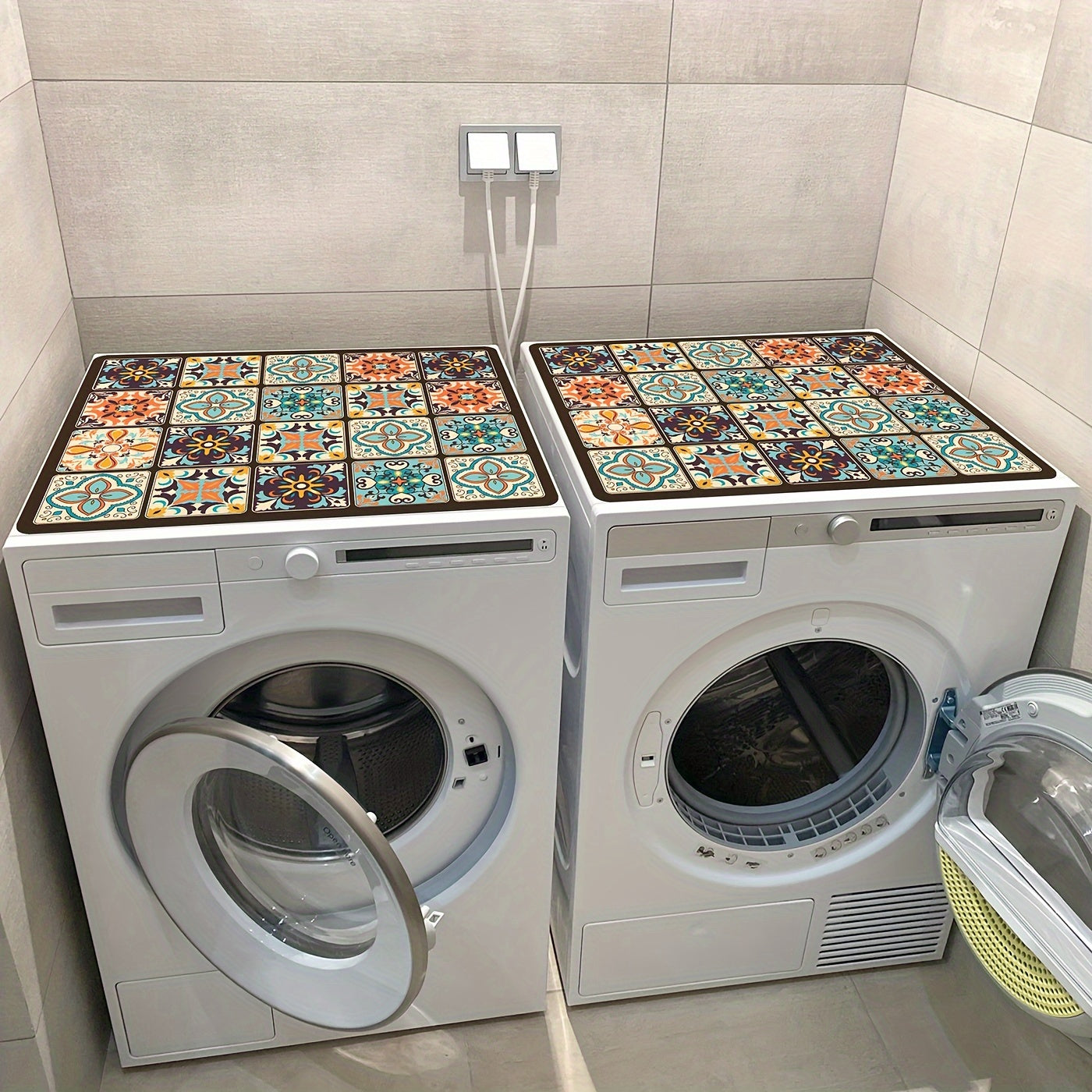 One piece Mandala Vintage Plaid Print Dust Cover for Washing Machine and Dryer. Measures 50.8cm x 101.6cm. Stain-Resistant, Non-Slip Storage Mat and Drain Mat included.