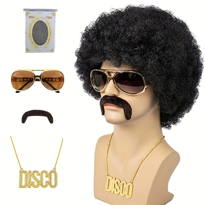 Set of 5 African wigs for men, featuring a disco natural fluffy short black curly synthetic wig. Perfect for Christmas role-playing parties, this set includes a wig, glasses, necklace, beard, and wig cap. An excellent choice for gifts.