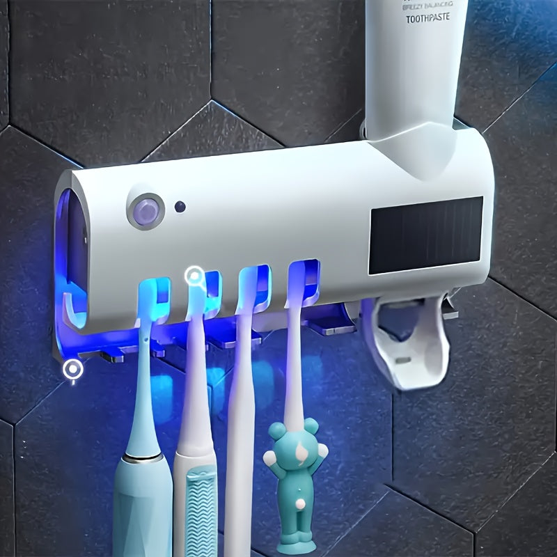 1pc UV sterilizer toothbrush holder with 4 slots, toothpaste dispenser, wall-mounted, intelligent design, bathroom accessory, no-drill installation.