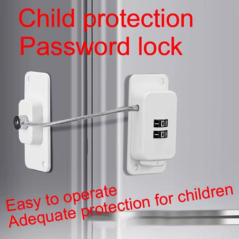 Simple to set up child safety locks with a 2-digit password for drawers, fridges, cabinets, and windows. No need to drill holes. Comes in gray, white, and black colors and is phthalate-free.