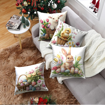 Set of 4 Easter floral throw pillow covers made of soft polyester with zip closure, hand washable. Ideal for sofa, home decor, office, and living room. No insert included. Single-sided printing.