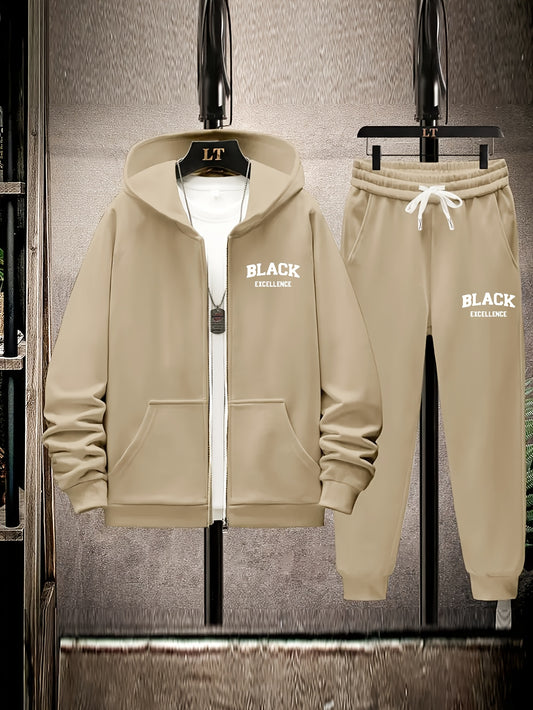 Polyester knit tracksuit set with black alphabet print and metal chain detail, ideal for fall/winter. Features slight stretch for a comfortable fit.