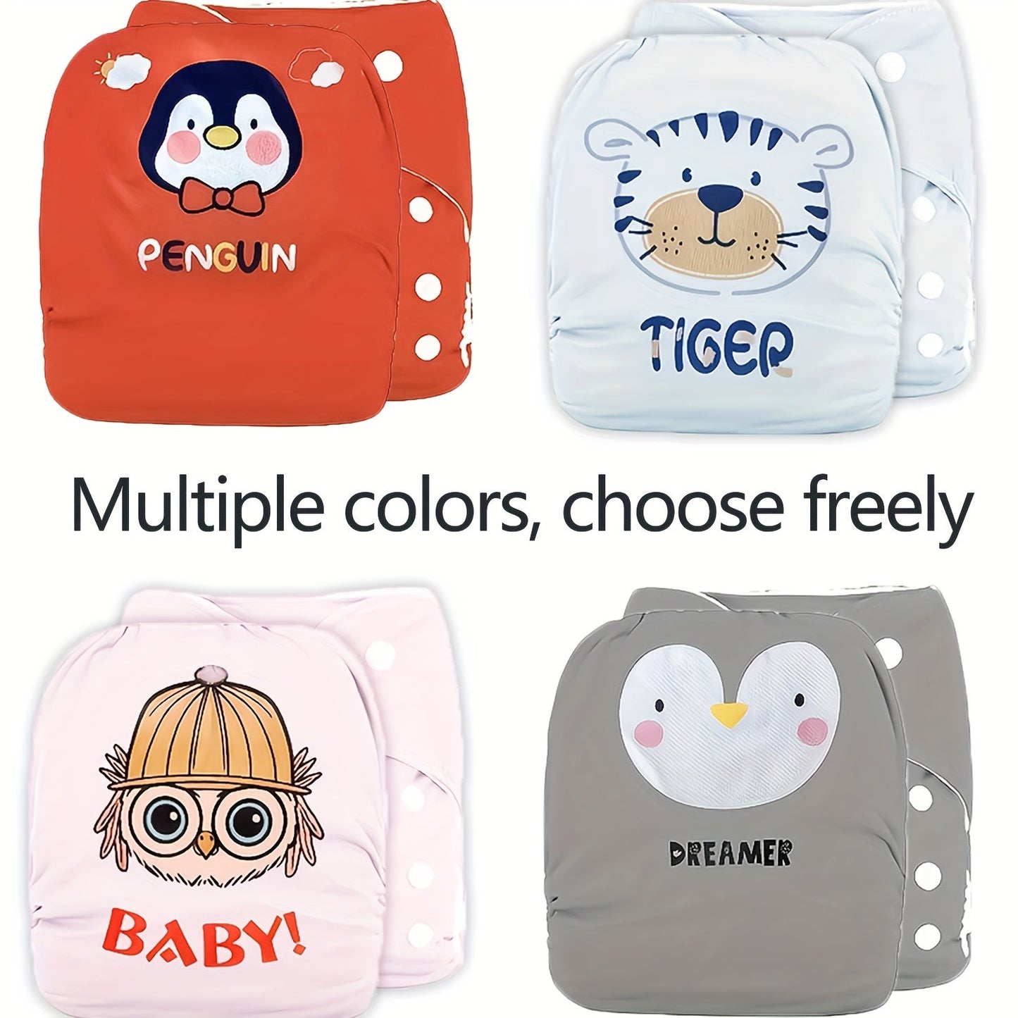 Reusable training pants for babies and toddlers aged 0-3 years come in a 2-pack set. These polyester cloth diapers feature adjustable snaps and are the ideal holiday gift. Choose from unisex designs including Penguin, Tiger, Prince, and Dreamer.