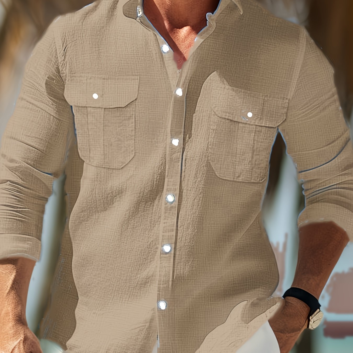 Men's Casual Cotton-Linen Blend Button-up Shirt with Chest Pocket