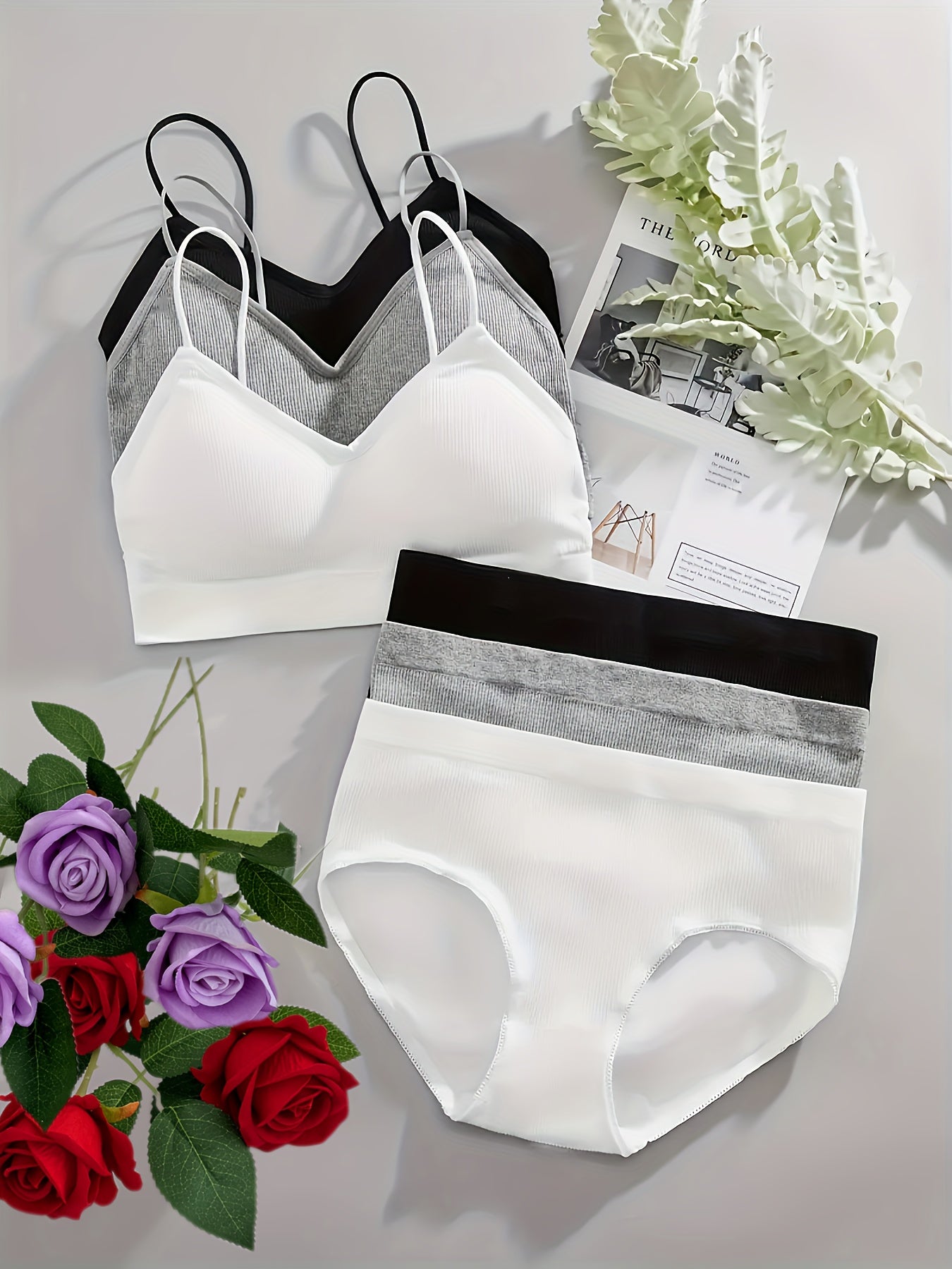 3-piece set of women's lingerie: ribbed push-up bra and stretchy briefs in solid color, made from nylon blend.